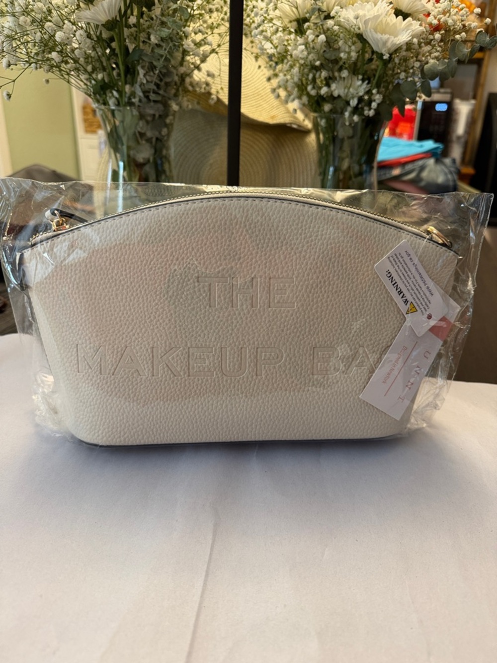 White Pebbled Cosmetic Pouch with Gold Accents